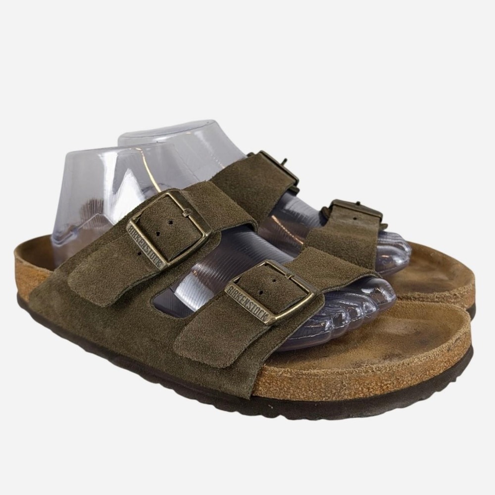 Birkenstock Arizona Suede Two Strap Buckle Sandals Olive Green 11